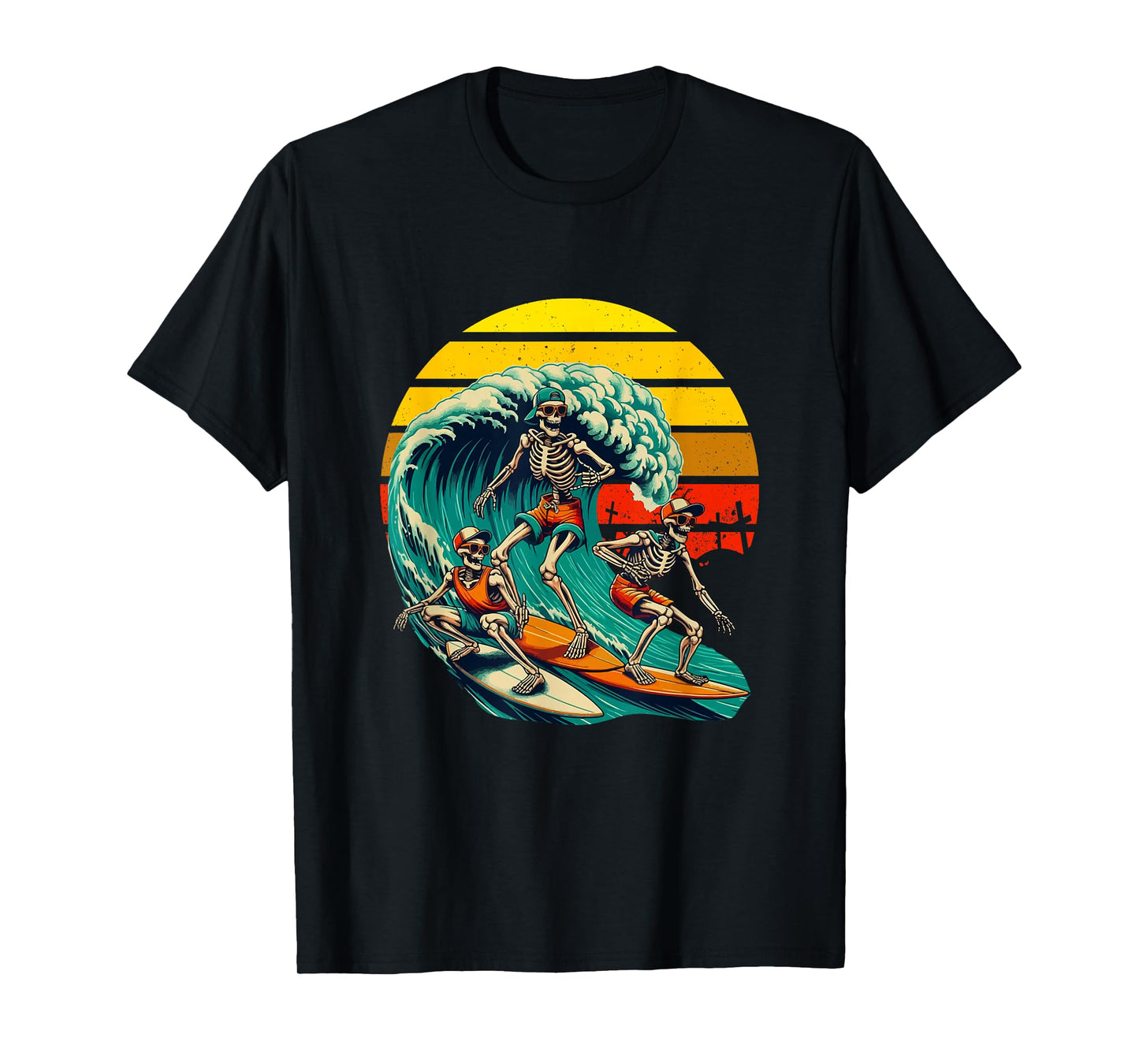Vintage Retro Three Funny Skeletons Surfing Surfer Halloween T-Shirt