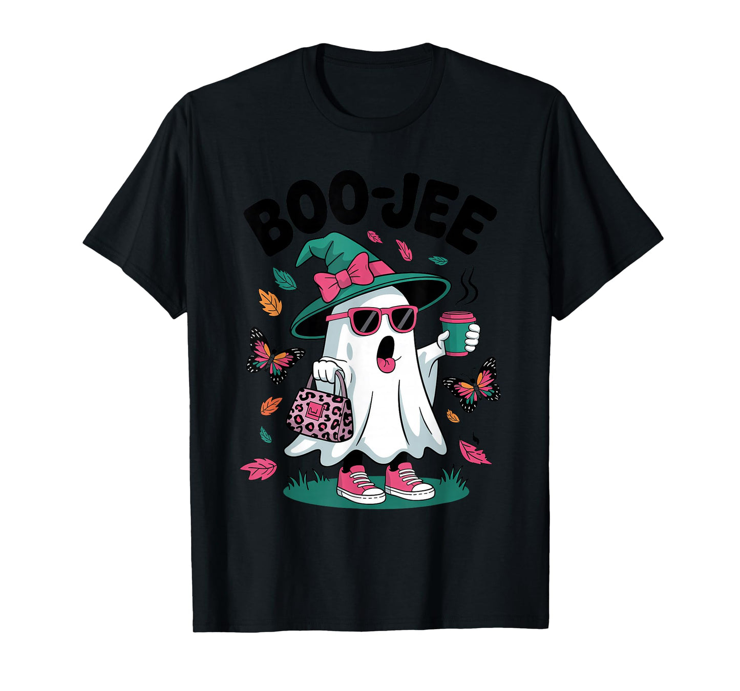 Leopard Ghost Drinking Coffee Witch Hat Boujee Halloween T-Shirt