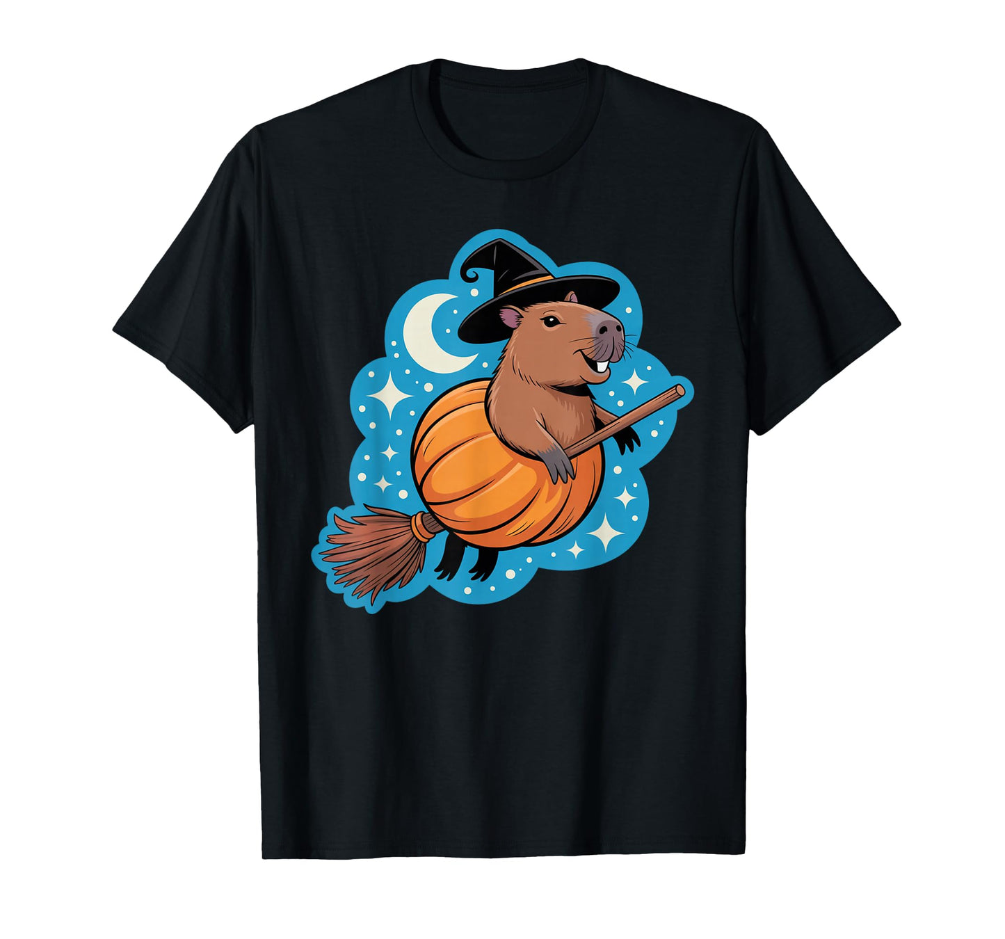 Capybara Witch Pumpkin Broomstick Halloween T-Shirt