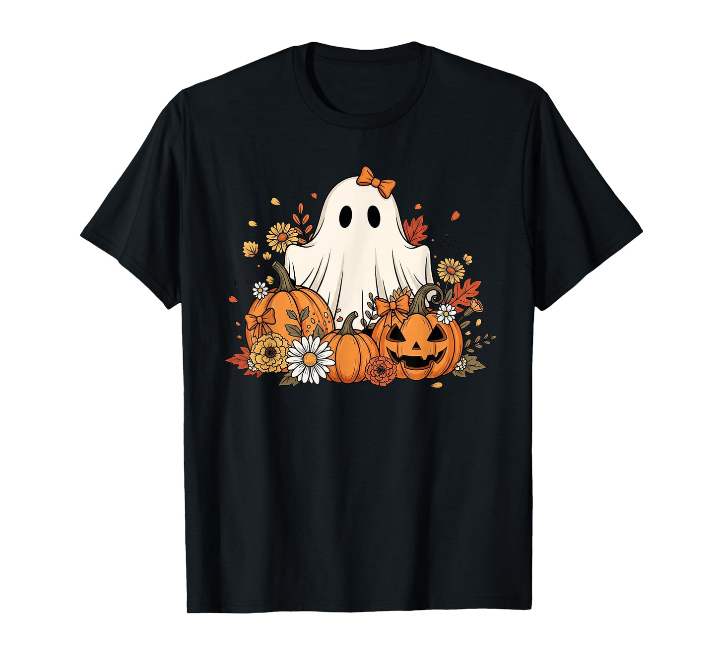 Cute Ghost With Flower Halloween Pumpkin Autumn Women T-Shirt