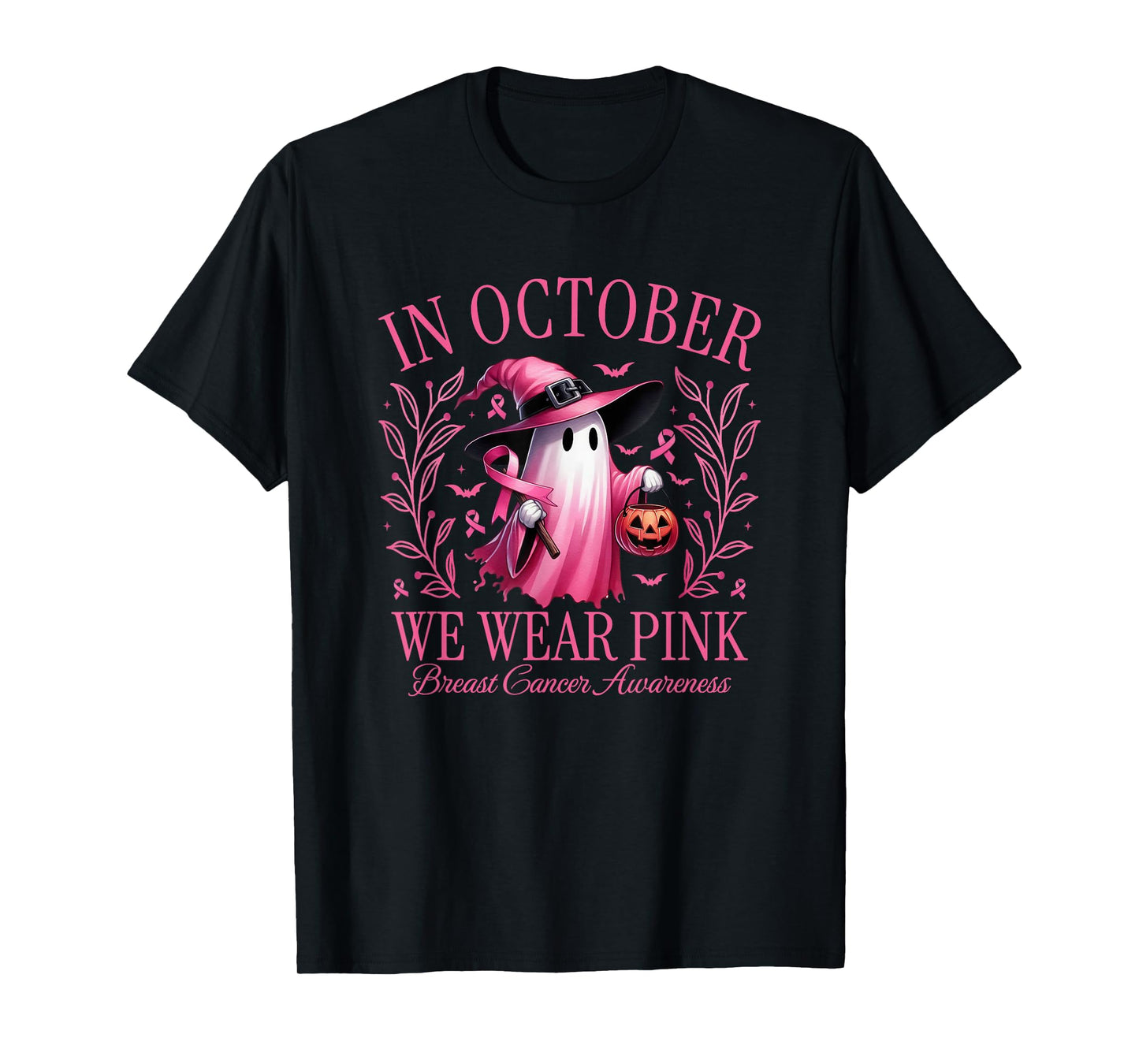 in October We Wear Pink Ghost Witch Halloween T-Shirt