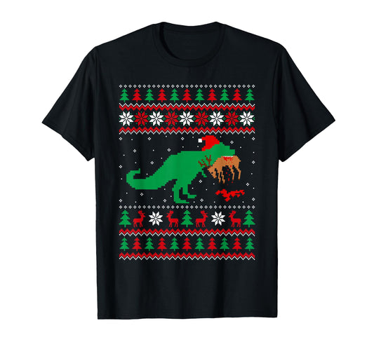 Dinosaur T-Rex Eating Reindeer Ugly Sweater Style Christmas T-Shirt