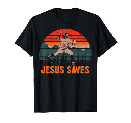 Vintage Jesus Saves Baseball Pitcher Retro 80s T-Shirt