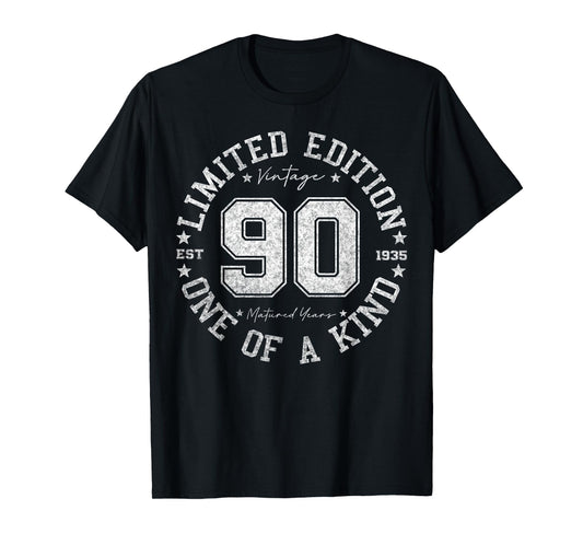 Retro One Of a Kind Shirts For Men Women 2025 90 Year Old Gifts Vintage 1935 Limited Edition Unisex-Adult 90th Birthday T-Shirt Black Small Crew Neck Short Sleeve Letter Print T-Shirt