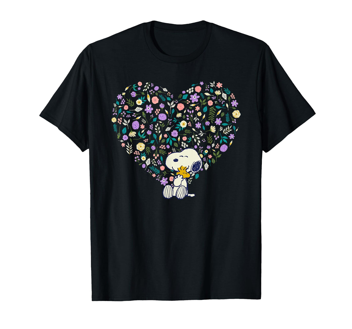 Peanuts Snoopy & Woodstock Hug Floral Heart T-Shirt