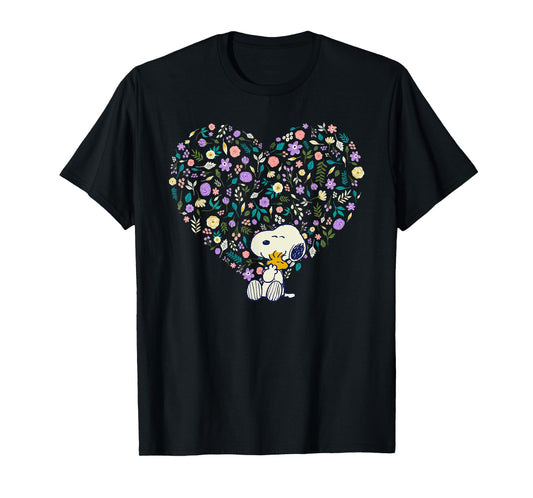Peanuts Snoopy & Woodstock Hug Floral Heart T-Shirt