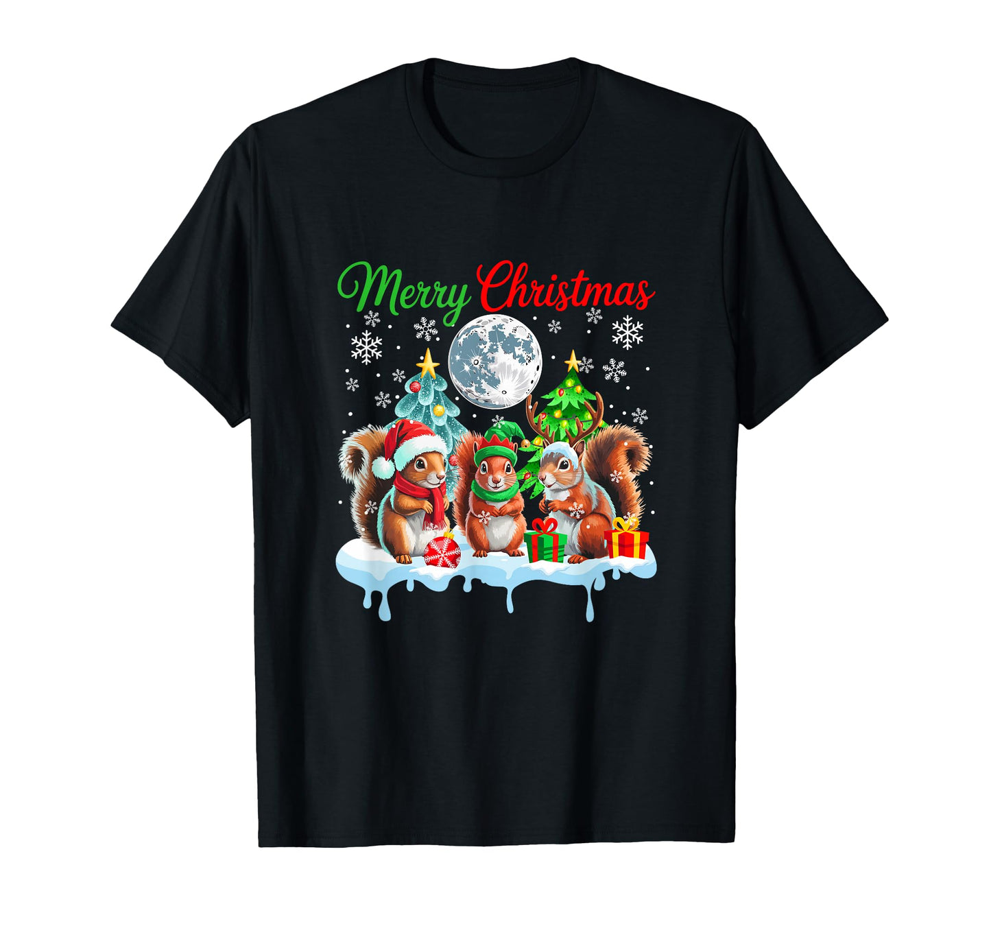 Merry Christmas Three Santa Elf Reindeer Squirrels Rodent T-Shirt