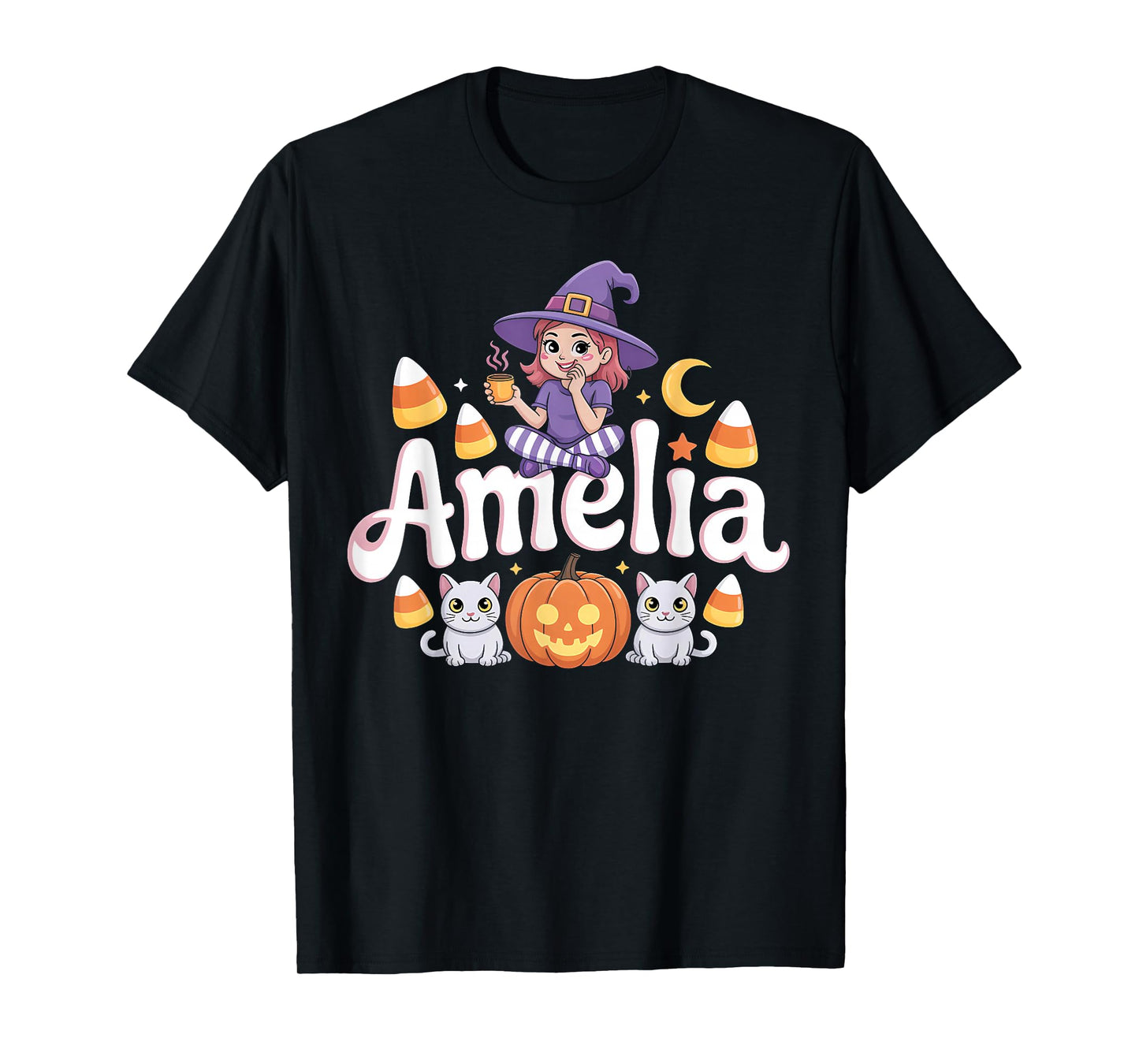 Amelia Witch Candy Corn Cat Halloween Women and Girls T-Shirt