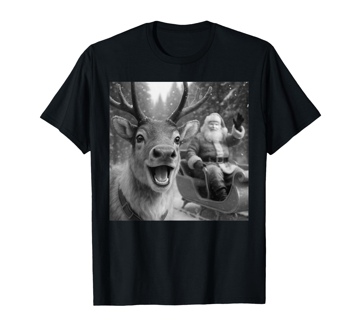Funny Santa Claus in Sleigh with Reindeer Christmas Holiday T-Shirt