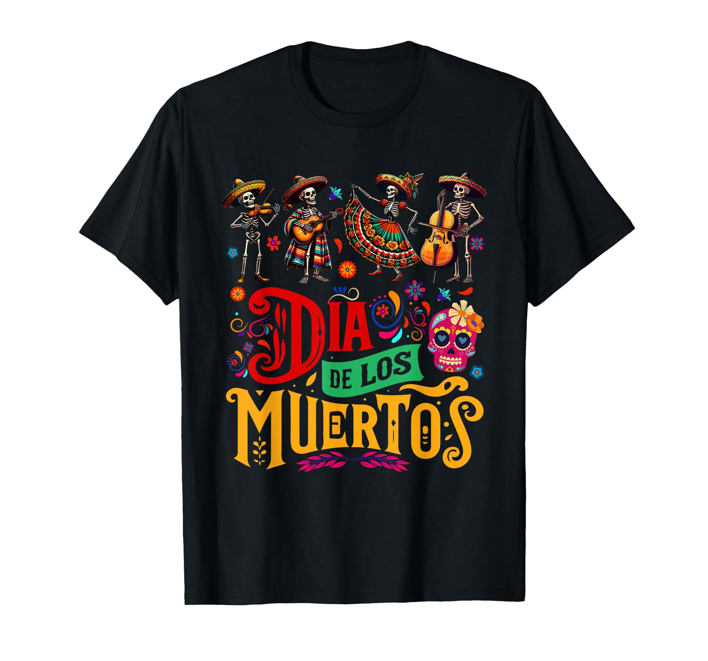 Dia De Los Muertos Mexican Skeletons Instrumentalist Dancing T-Shirt