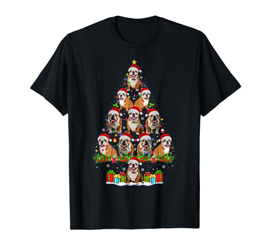 English Bulldog Dog Christmas Tree Lights Funny Xmas Pajamas T-Shirt