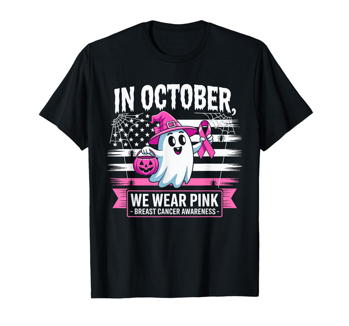 in October We Wear Pink Witch Halloween Breast Cancer Women T-Shirt