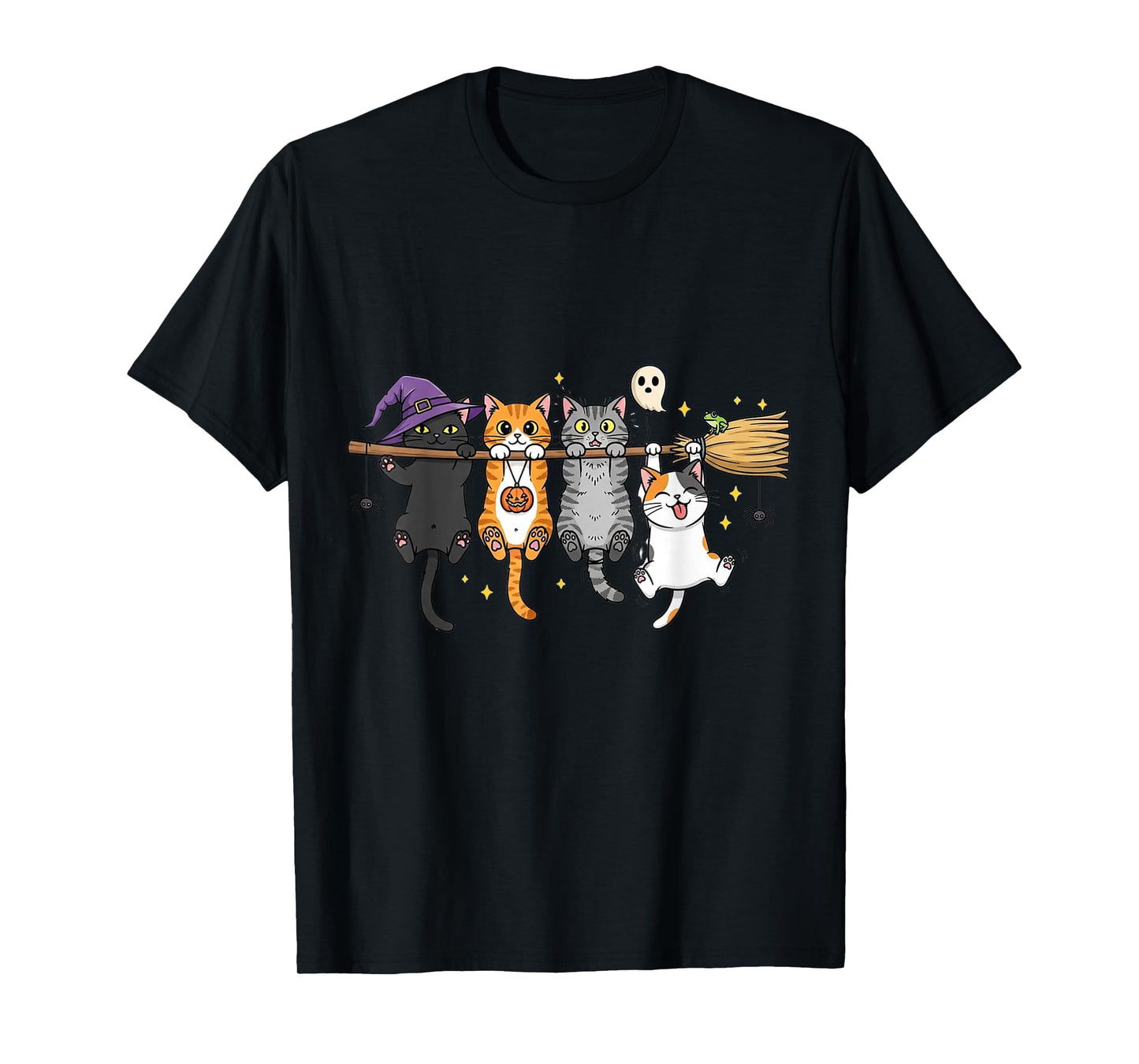 Funny Halloween Cats Hanging on Witch Broom T-Shirt