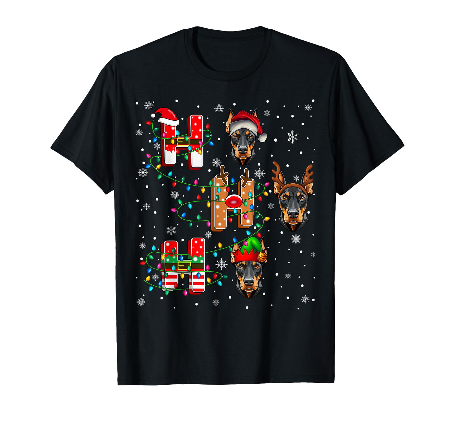 Ho Ho Ho Santa Reindeer Hat Elf Doberman Pinscher Dog Xmas T-Shirt