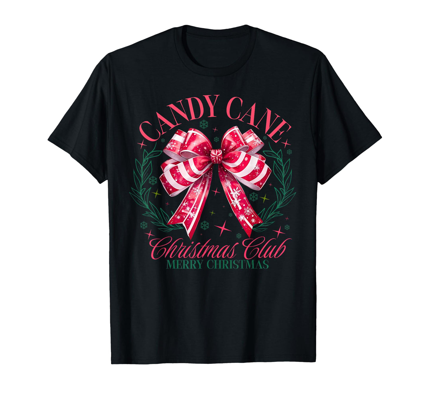 Cute Pink Candy Cane Christmas Club Coquette Bow Xmas Pajama T-Shirt