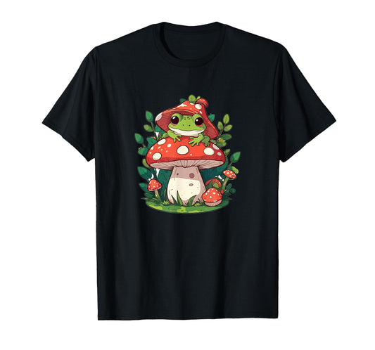 Kawaii Cottagecore Designs Cute Frog on Mushroom Cartoon Aesthetic Art T-Shirt - Unisex-Adults/Kids - Black - Short Sleeve - Classic Fit - Cotton 65%, Polyester 35%