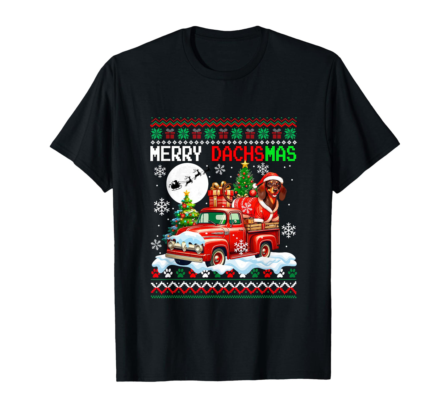 Merry Christmas Sweater Santa Dachshund On Pickup Truck T-Shirt