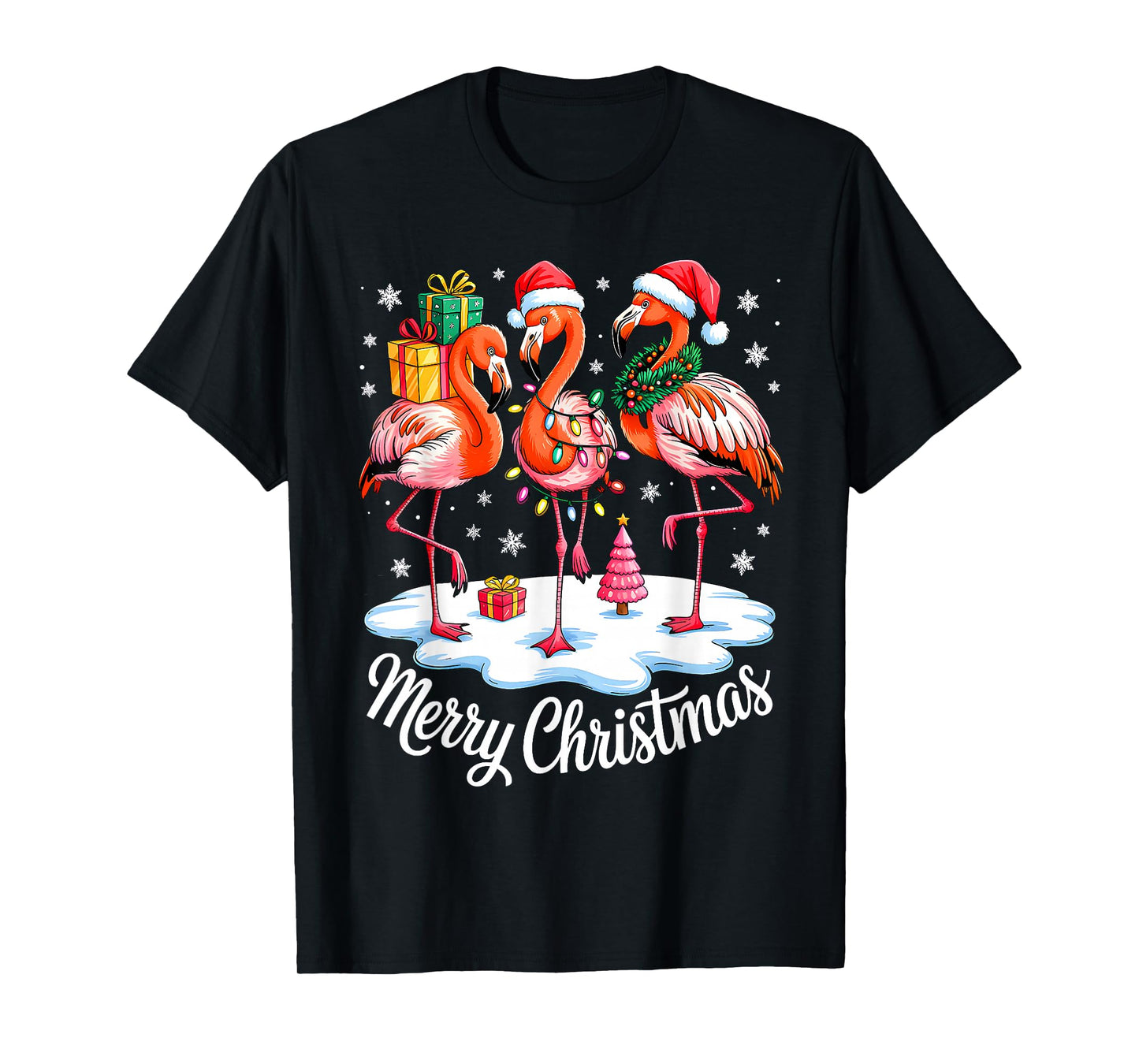 Merry Christmas Hat Santa Flamingo Light Christmas in July T-Shirt