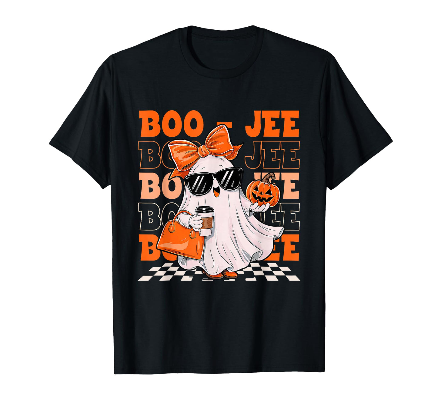 Coquette Checkered Ghost Coffee Boo-JEE Halloween Lace Ghost T-Shirt