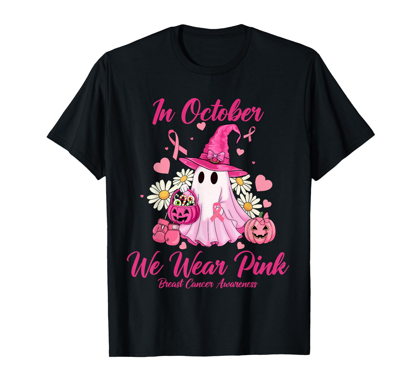 in October We Wear Pink Ghost Witch Breast Cancer Awareness T-Shirt