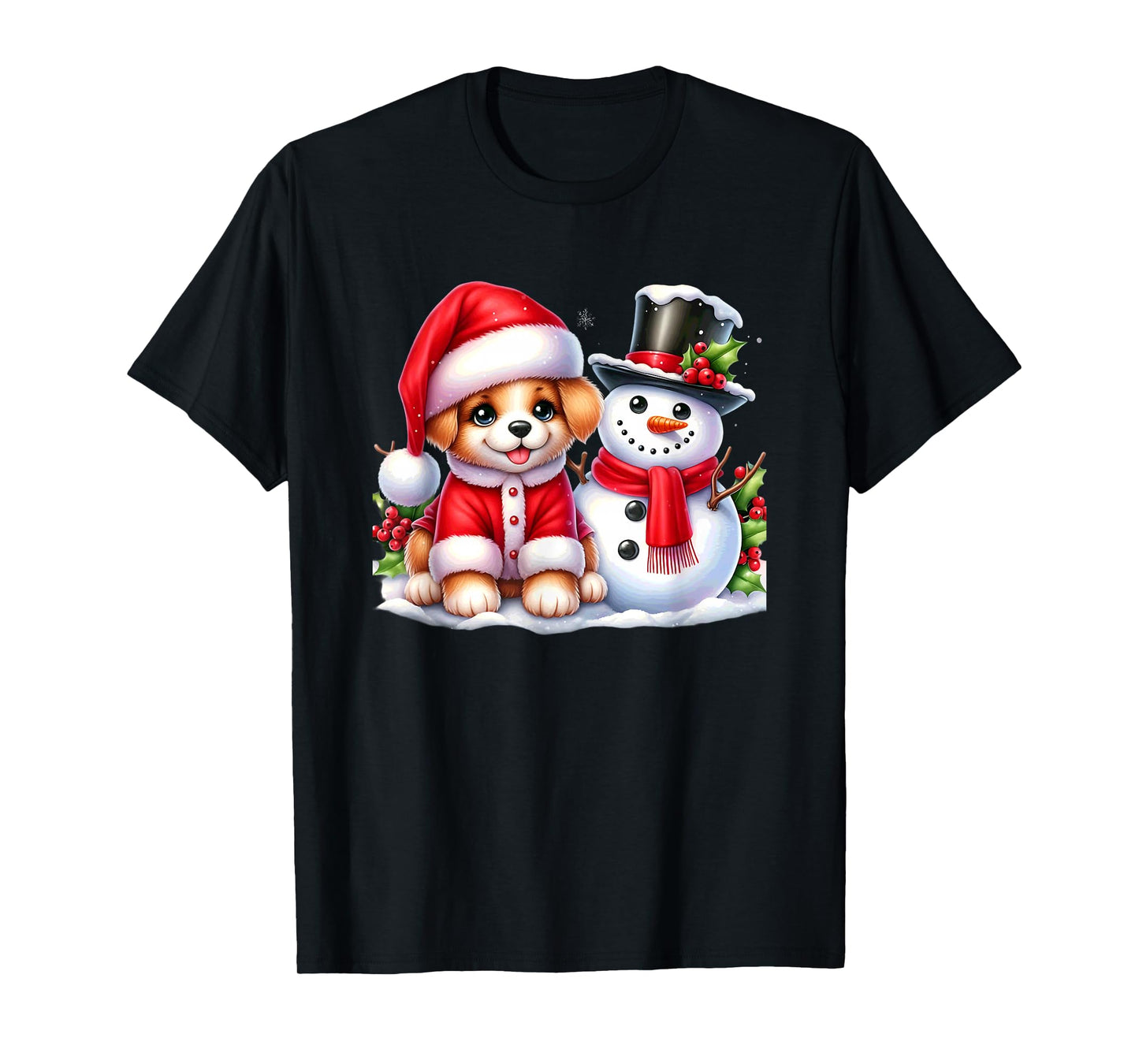 Merry Christmas Puppy and Snowman Joyful Holiday T-Shirt