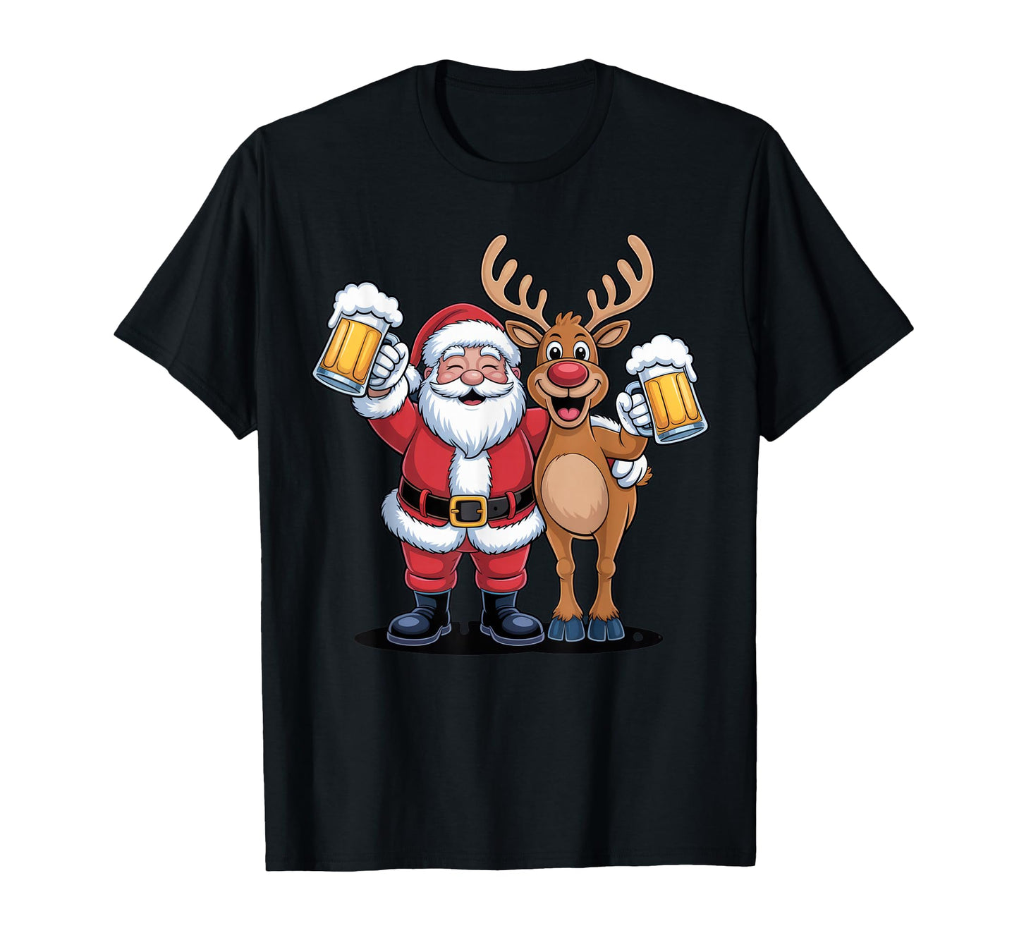 Santa and Reindeer Cheers for Christmas Fun Adult Holiday T-Shirt