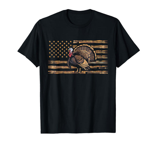 Turkey Hunting Graphic American Flag Tree Camouflage T-Shirt