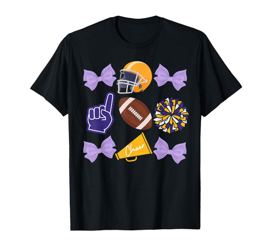 Coquette Bow Football Purple Gold Game Cheer Mom Touchdown T-Shirt