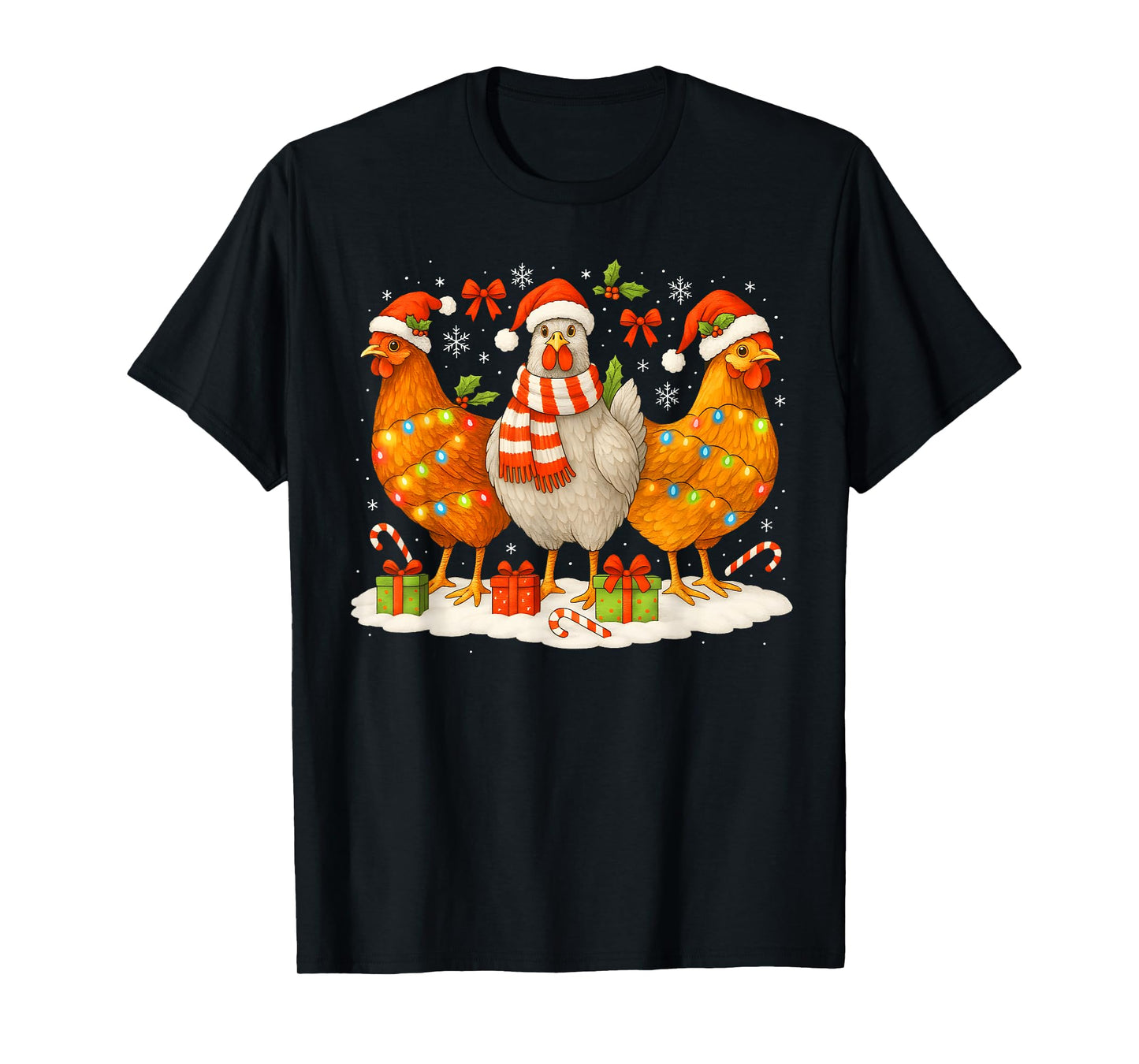 Chicken Christmas Lights Santa Hats Reindeer Funny Holiday T-Shirt