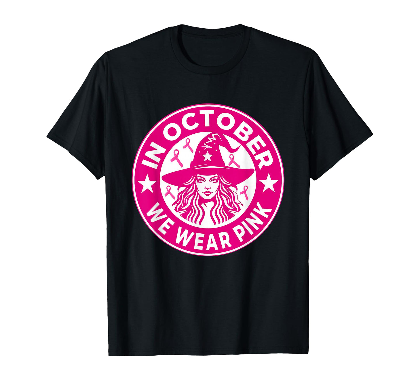 in October We Wear Pink Breast Cancer Awareness Salem Witch T-Shirt