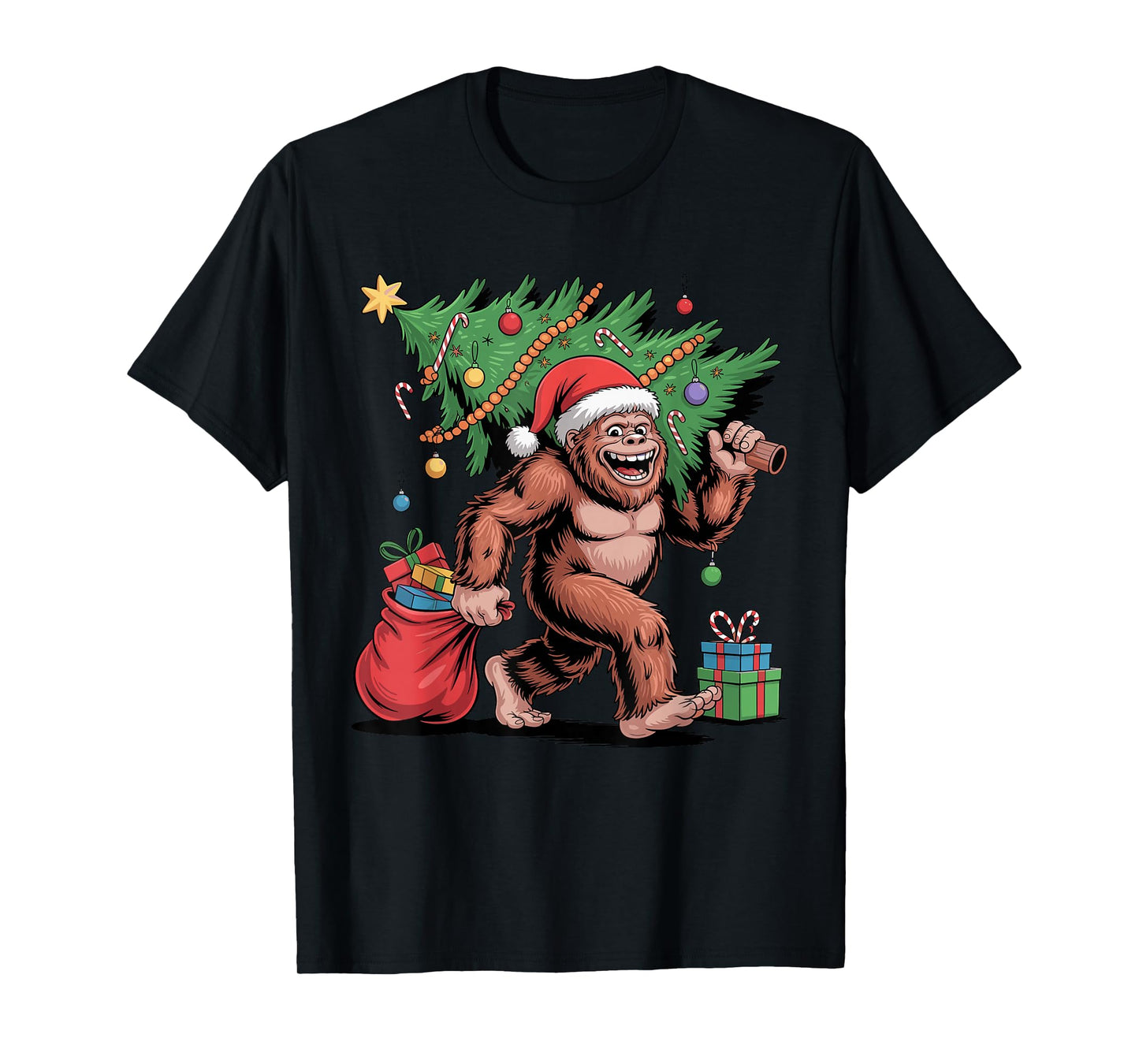Santa Bigfoot Christmas Tree Funny Xmas Sasquatch Holiday T-Shirt