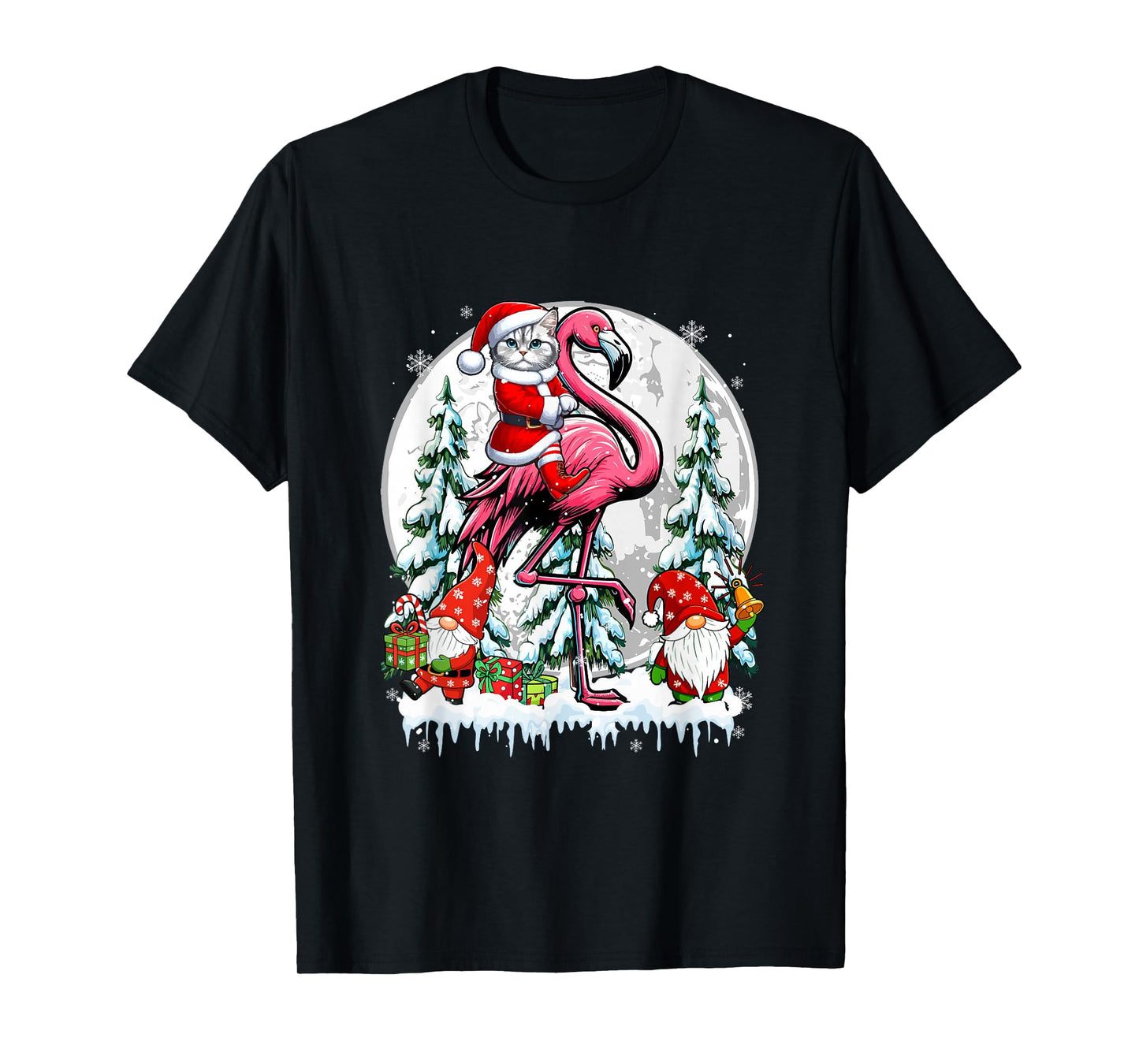 Santa Cat Riding Flamigo Gnomes Christmas Trees Family Kids T-Shirt