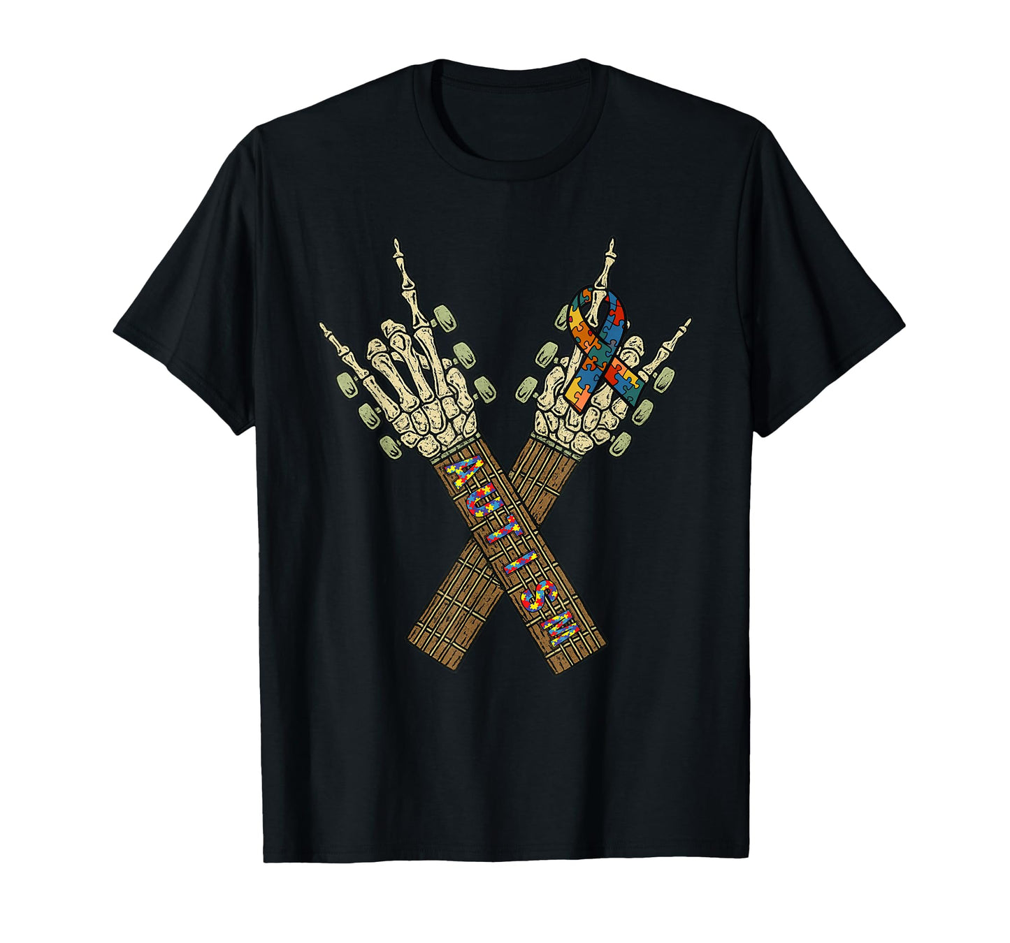 Vintage Halloween Skeleton Autism Guitar Rock Spooky Costume T-Shirt