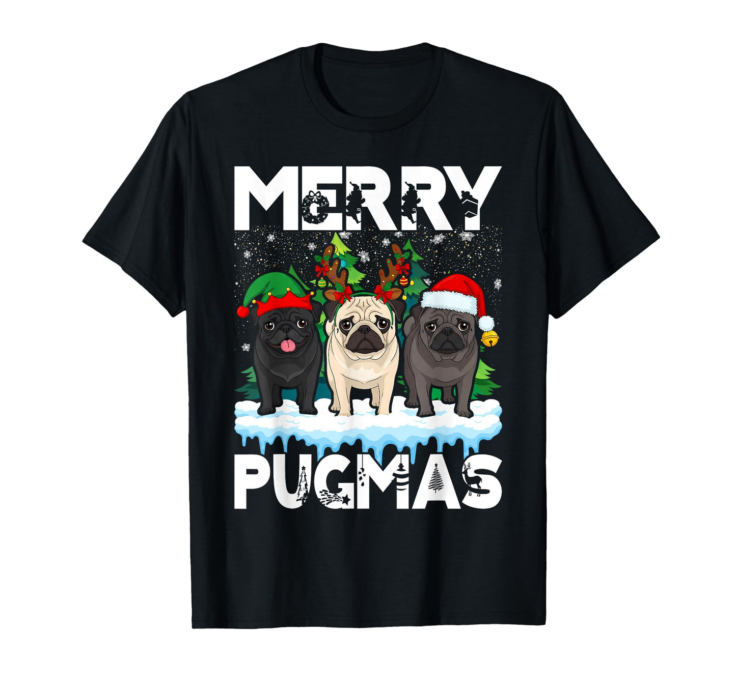 Merry Pugmas Funny Santa Reindeer Elf Pug Dog Christmas T-Shirt