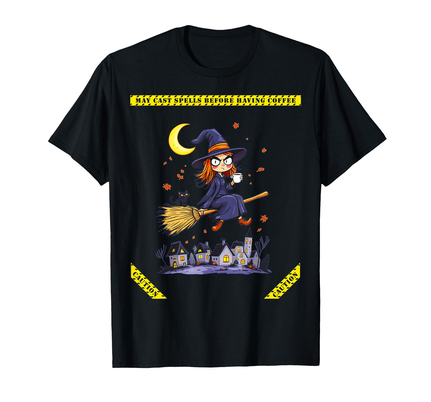 Halloween Funny Witch Cat May Cast Spells Before Coffee T-Shirt