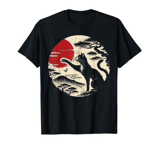 Japanese Cat Reaching Red Moon Vintage Art Men Women Kids T-Shirt