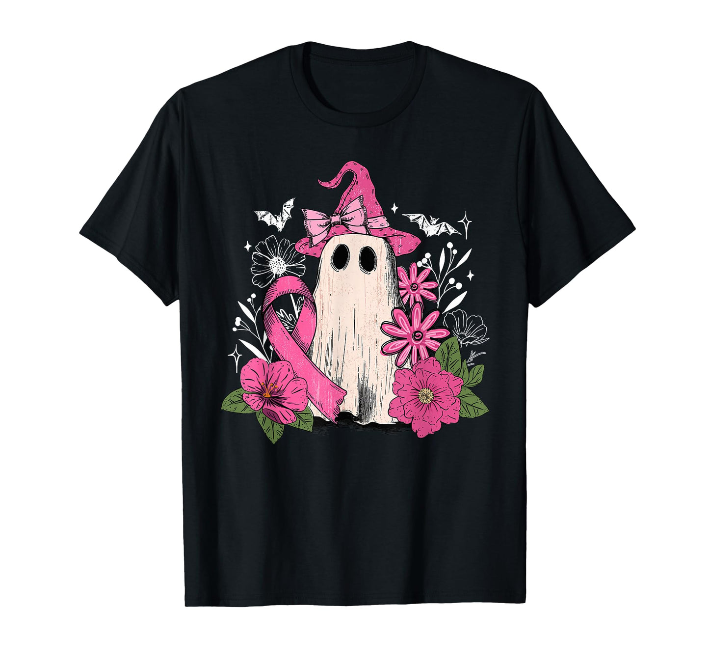 Retro Floral Pink Ghost Witch Breast Cancer Halloween Women T-Shirt
