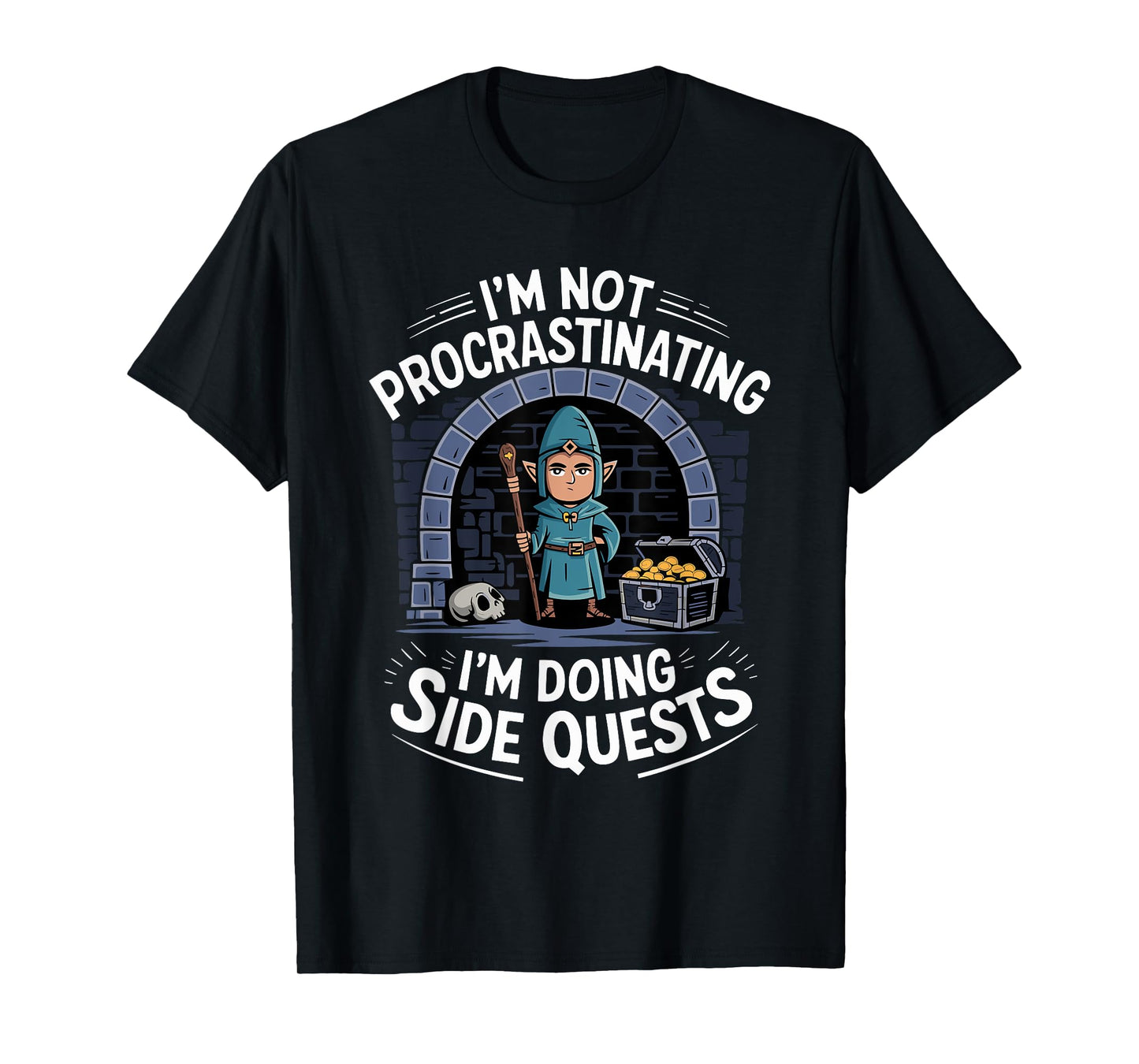 RPG Gamer Apparel for Quest Lovers I'm Not Procrastinating Funny Side Quests Unisex-Adults, Unisex-Kids Black Small Modern Cartoon T-Shirt