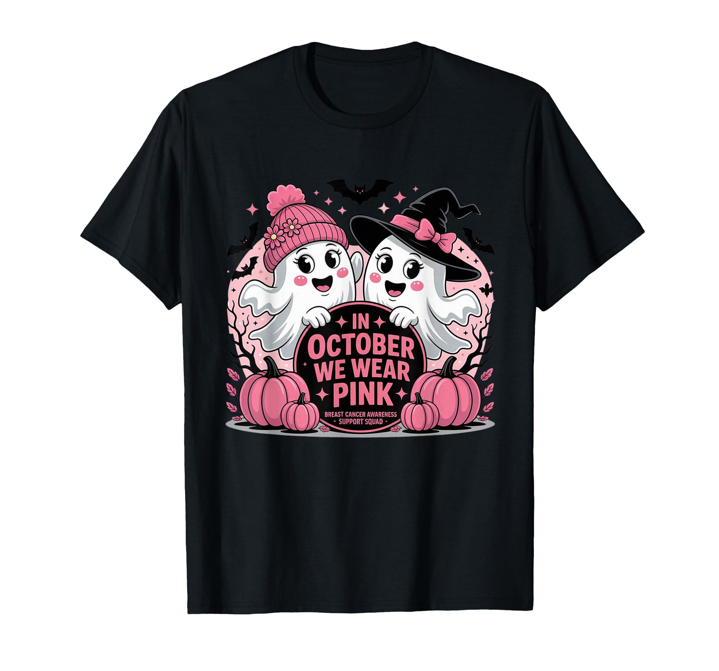 Support Squad We Wear Pink Ghost Witch October Breast Cancer T-Shirt