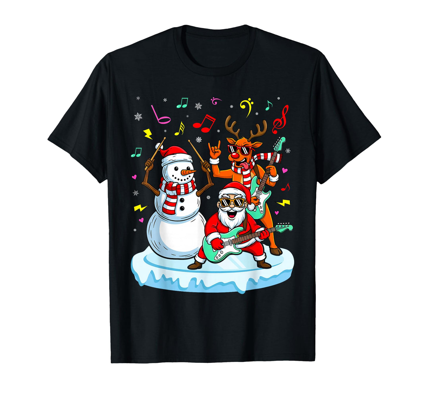 Guitar Player Santa Snowman Reindeer Christmas Pajama Music T-Shirt
