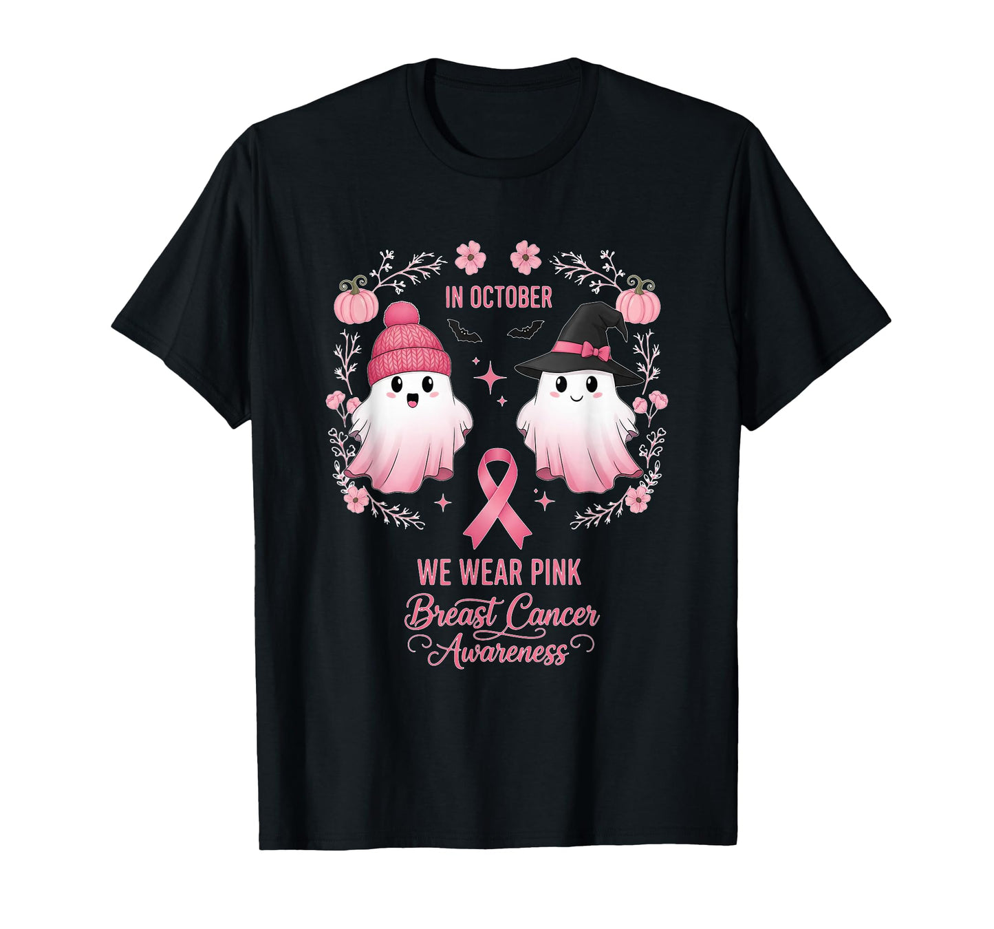 in October We Wear Pink Ghost Witch Breast Cancer Awareness T-Shirt
