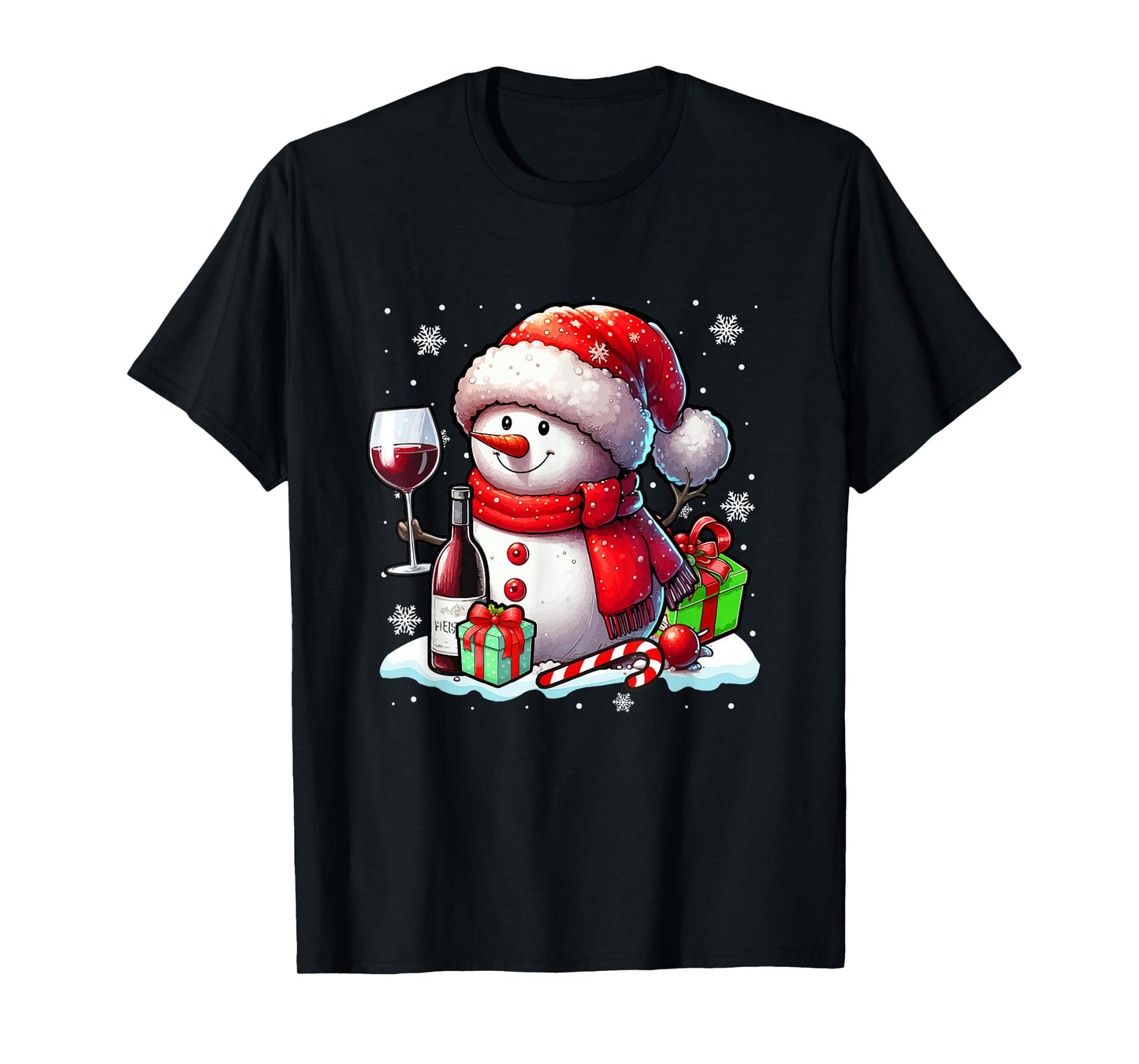 Santa Snowman Drinking Wine Christmas Funny Drinker Family T-Shirt