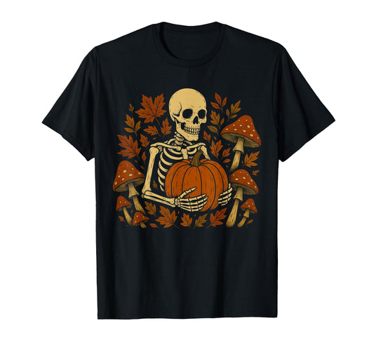 Fall Cottagecore Aesthetic Floral Mushroom Skeleton Pumpkin T-Shirt