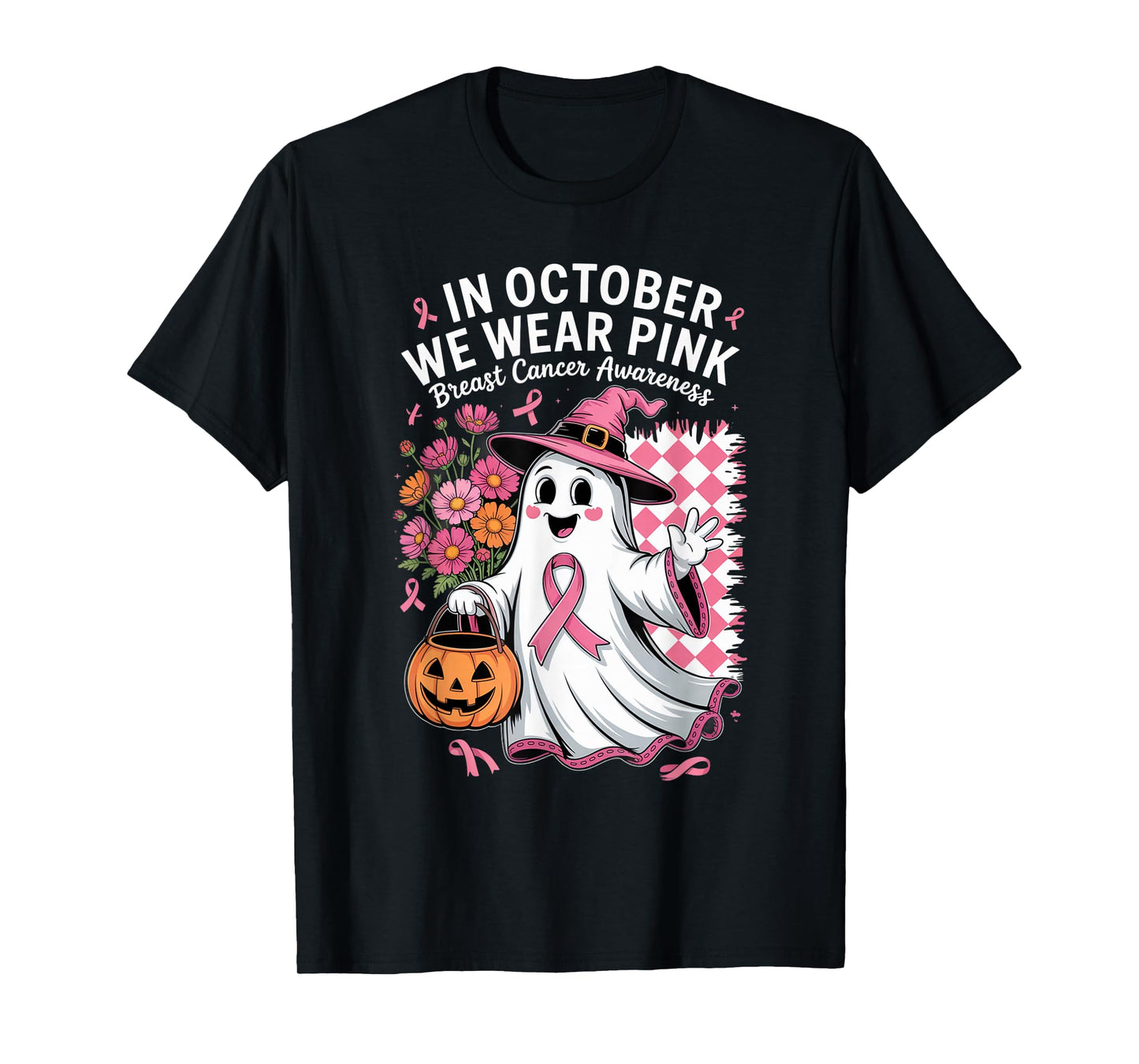 in October We Wear Pink Witchy Ghost Halloween Cool Artwork T-Shirt