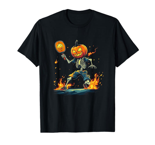 Pumpkin Head Skeleton Pickleball Halloween Spooky Sports T-Shirt