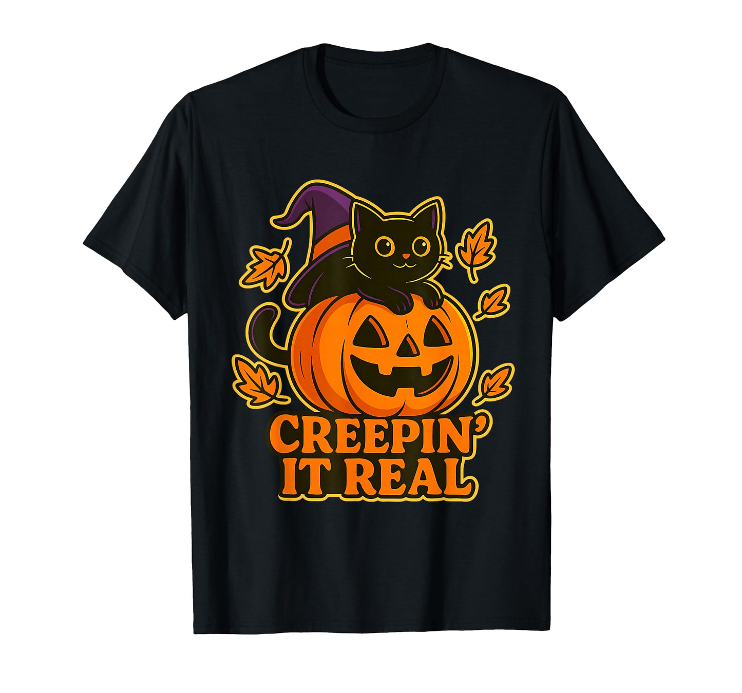 Creepin It Real Halloween Cat Pumpkin Witch Hat Cute T-Shirt