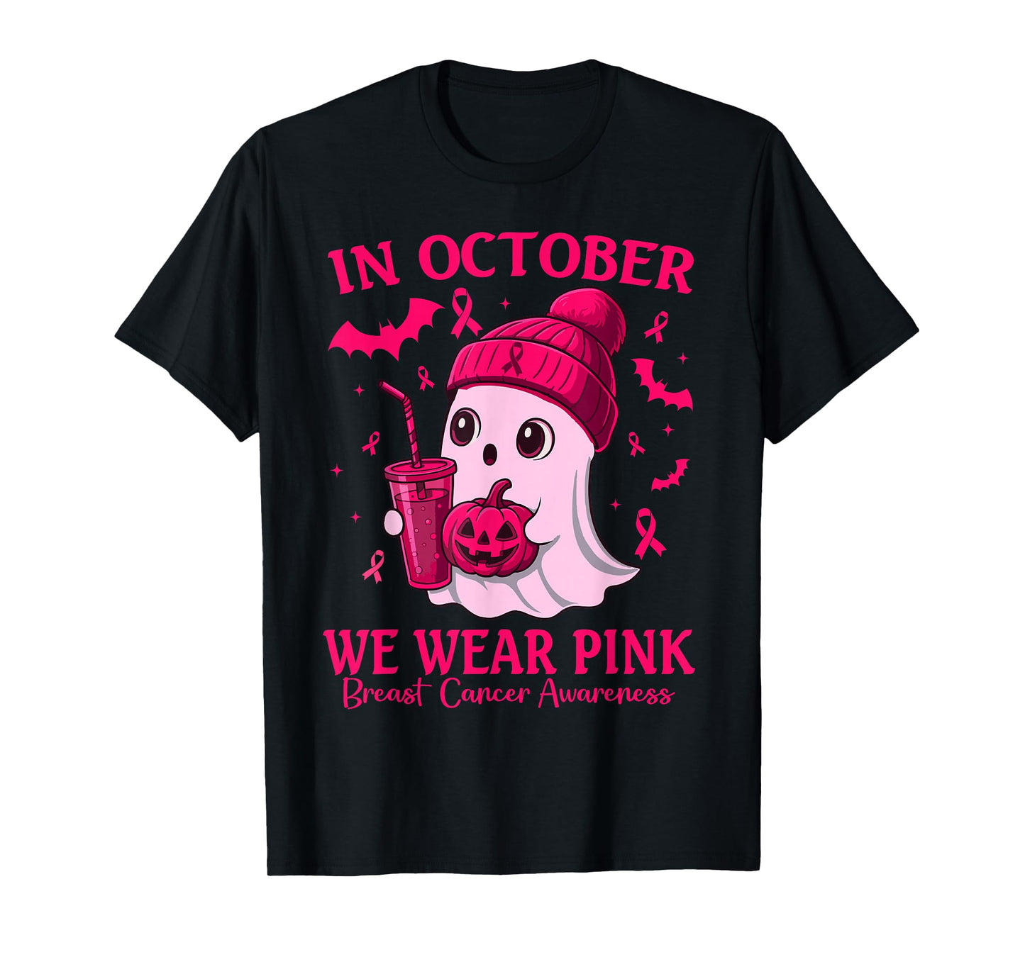 Breast Cancer Halloween Women in October We Wear Pink Ghost T-Shirt