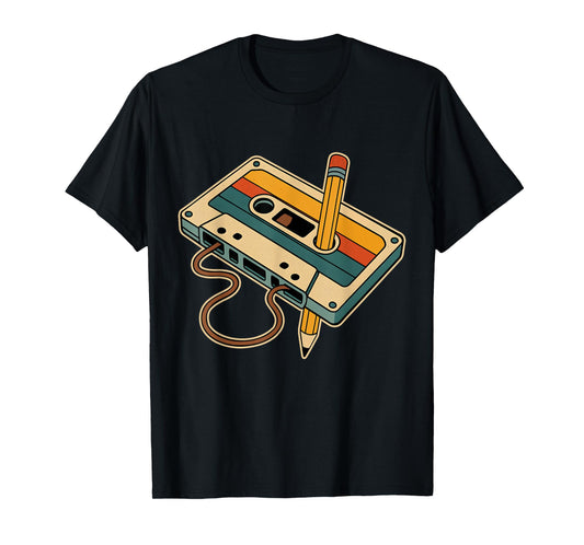 80s 90s Retro Party Costume Nostalgia Cassette Tape Pencil T-Shirt