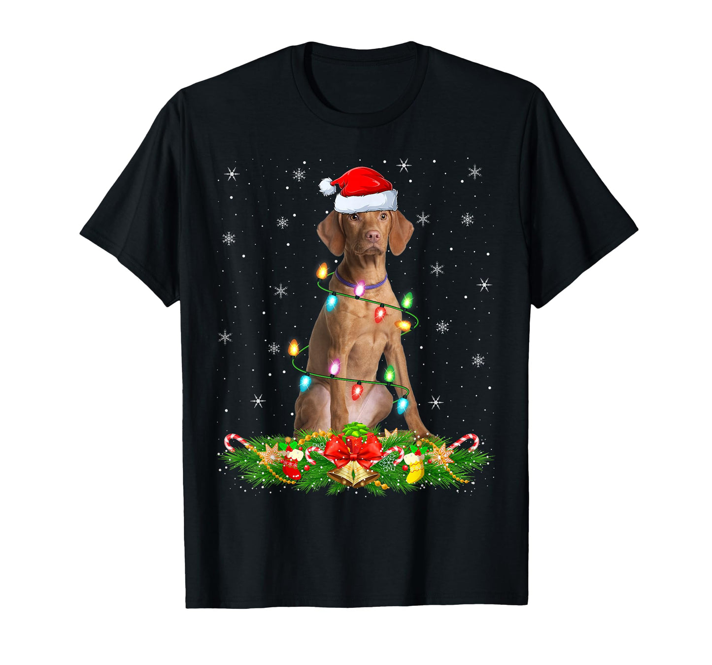 Vizsla Dog Christmas Lights Funny Santa Hat Xmas T-Shirt