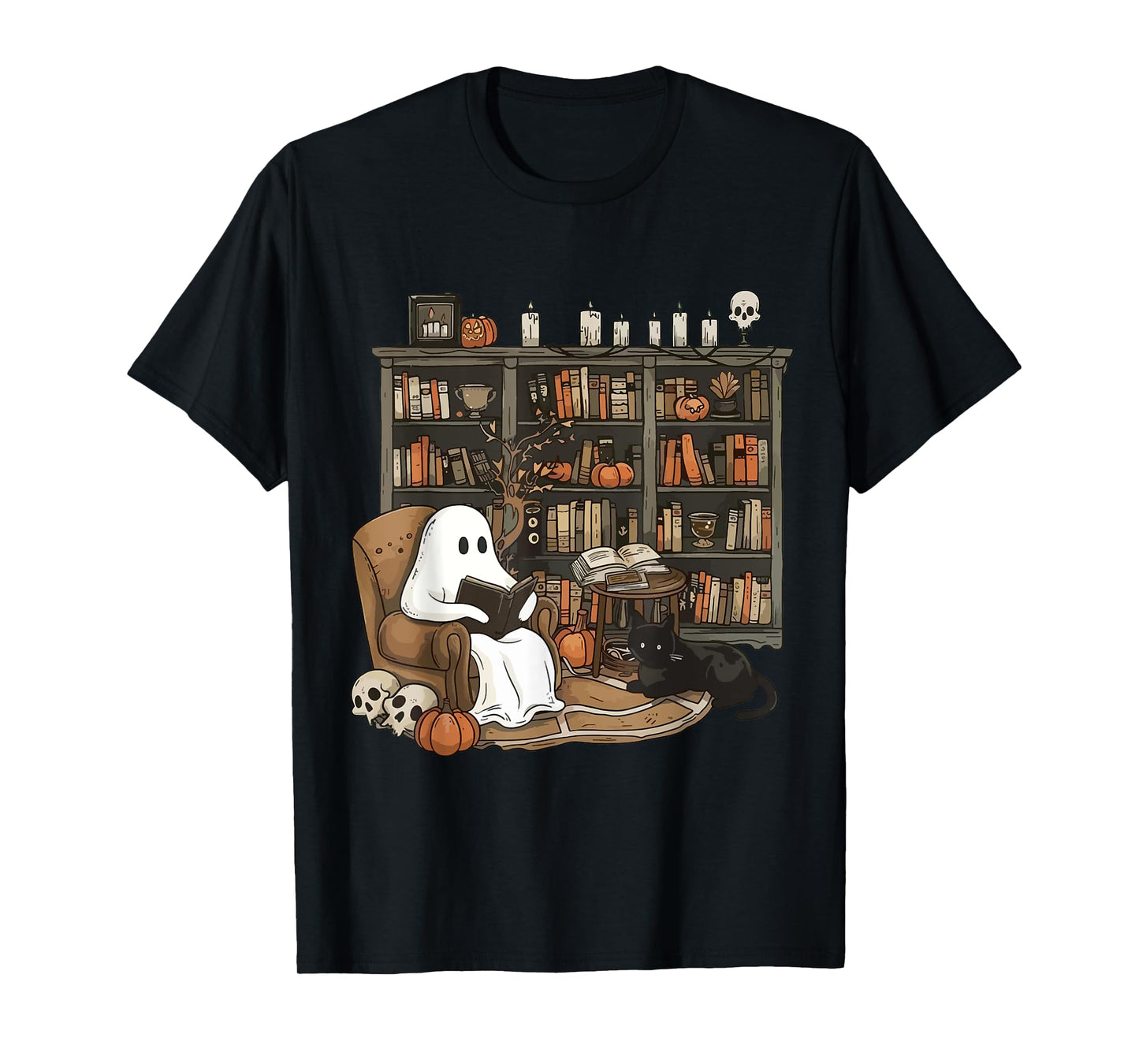 Ghost Library Halloween Book Reading Books Lover Teacher T-Shirt